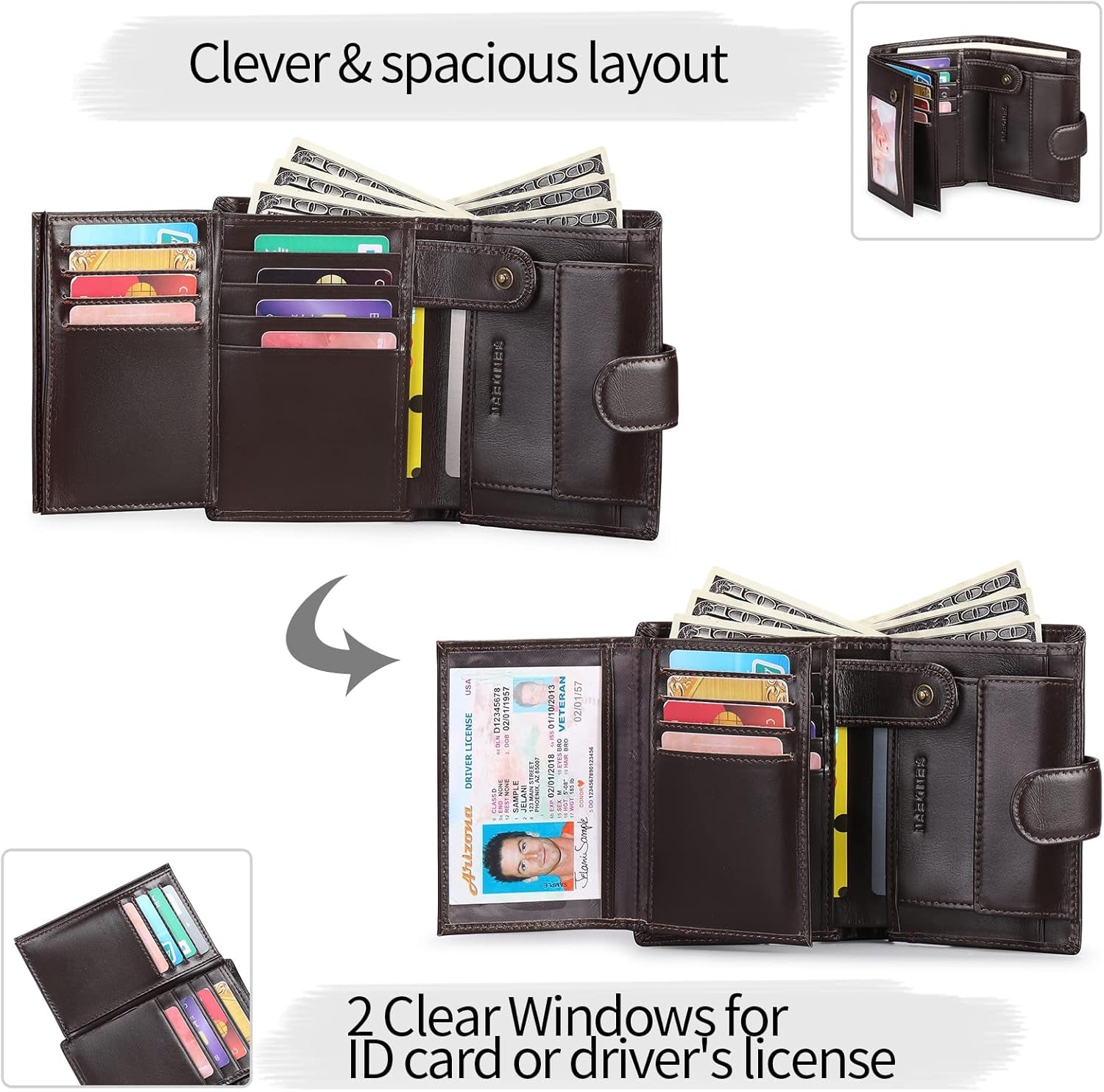 Portefeuille Homme Grand Trifold En Cuir Véritable, Portefeuille Pour Homme Blocage RFID Avec 19 Emplacements Pour Cartes De Crédit, 3 Compartiment À Billets,1 Poche À Monnaie