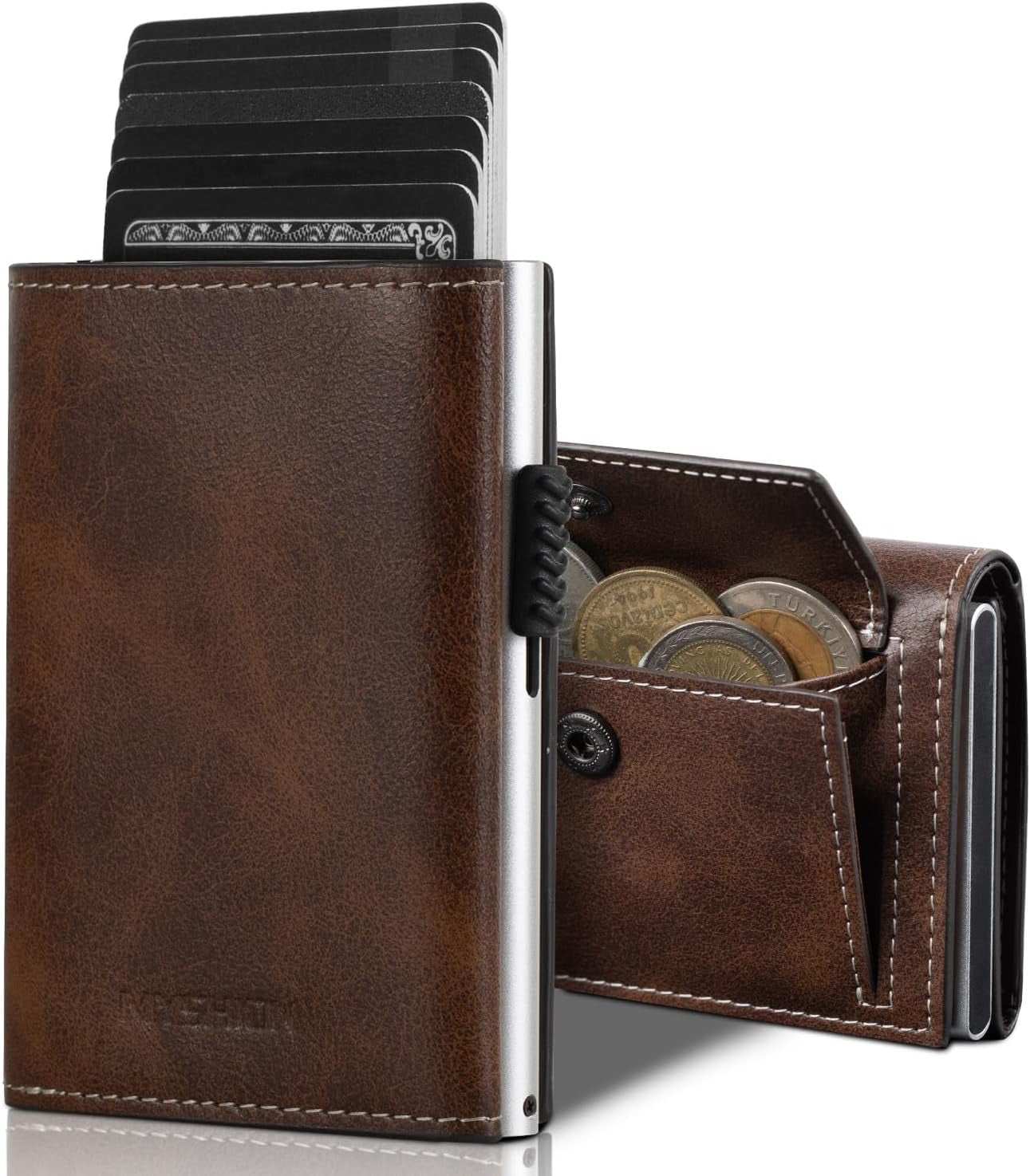 Portefeuille Pop up Pour Homme Avec Poche À Monnaie, Portefeuille Trifold Avec Fenêtre D'Identité, Porte-Cartes Intelligent Avec Blocage RFID Et 6 Fentes Pour Jusqu'À 11 Cartes (Marron)