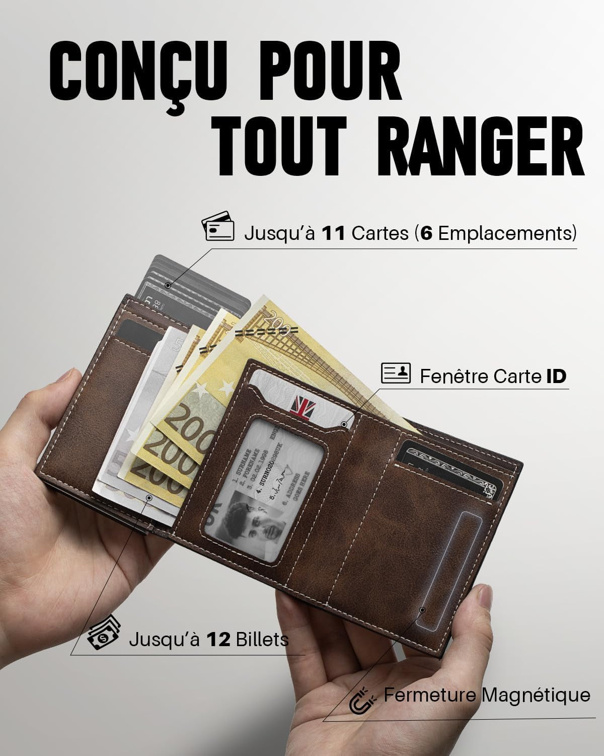 Portefeuille Pop up Pour Homme Avec Poche À Monnaie, Portefeuille Trifold Avec Fenêtre D'Identité, Porte-Cartes Intelligent Avec Blocage RFID Et 6 Fentes Pour Jusqu'À 11 Cartes (Marron)